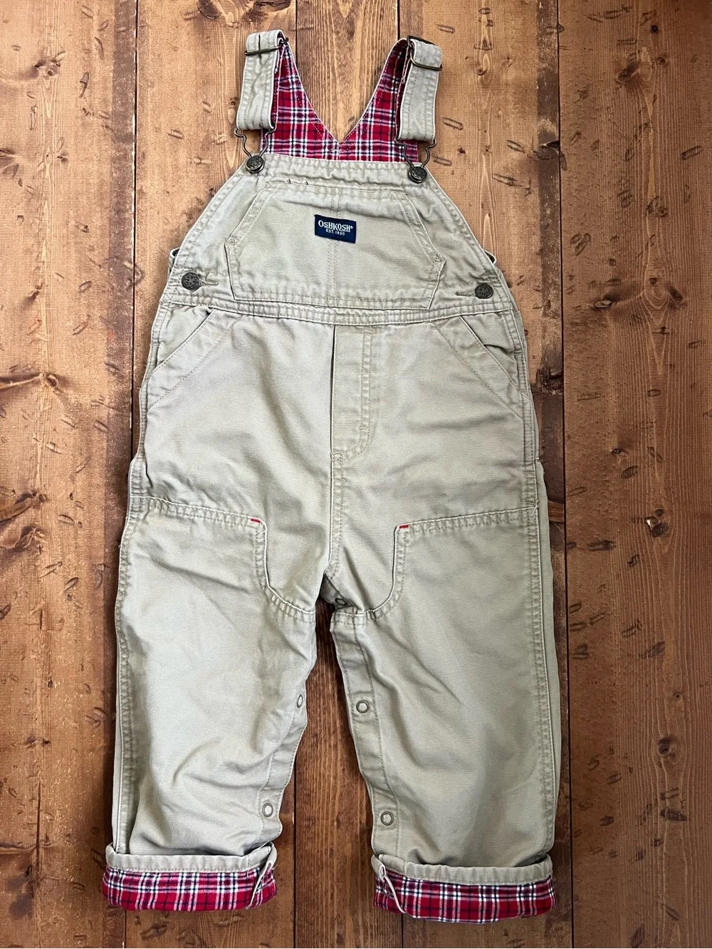 OshKosh B’Gosh Canvas Overalls 24 Months Tan 100% Cotton Plaid Trim